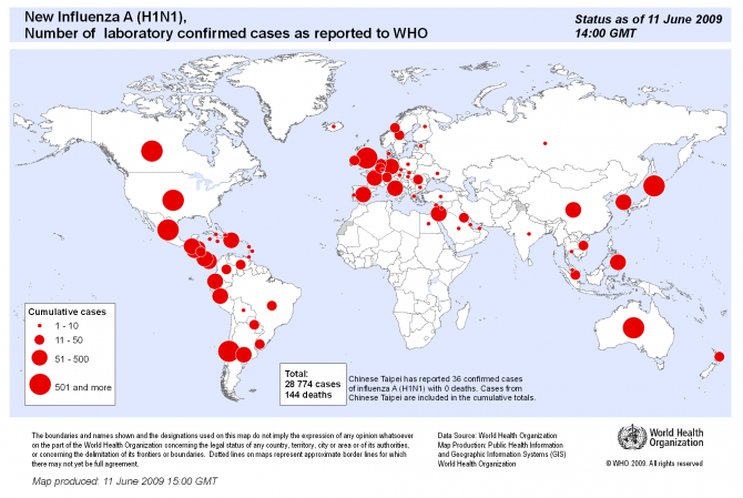 Figure 1: Global presence of new influenza virus A (H1N1),